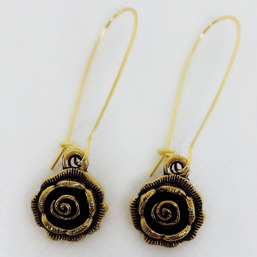 Artisan Handcrafted Antiqued Brass Long Kidney Wire Detailed Rose Earrings! - Picture 5 of 7